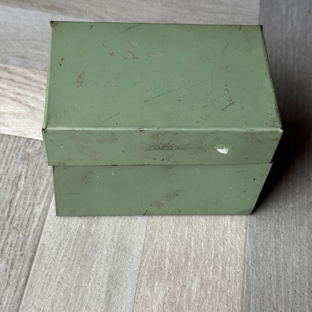 Vintage Sage Green Metal Index Card Box with A-Z Dividers Industrial Storage MCM
